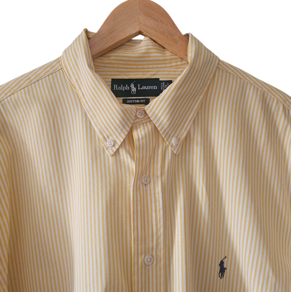 Ralph Lauren Men's Yellow Pinstripe Custom Fit Cotton Dress Shirt Sz 18 36/37 - Picture 2 of 9